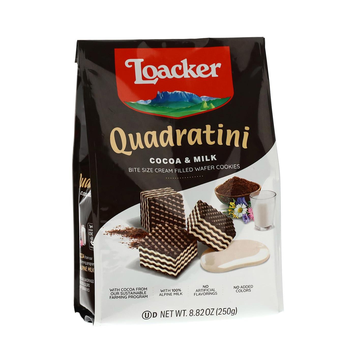 Biscoitos Quadratini Chocolate e Leite Loacker