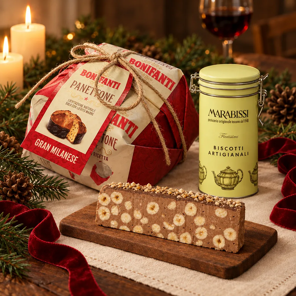 Kit Natal Italiano: panettone Bonifanti, torrone de gianduia e lata de cantucci