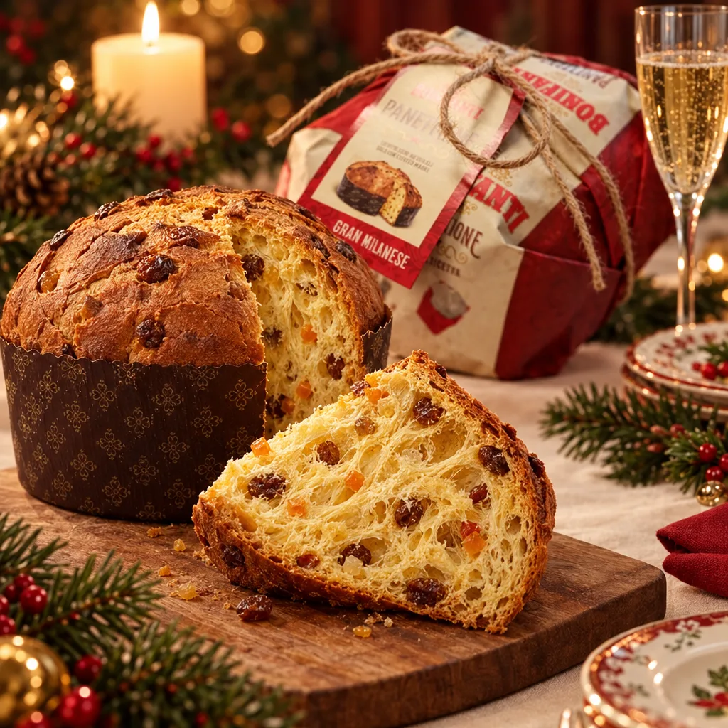 Panettone aberto e fatiado mostrando a massa fofinha com uvas-passas e frutas cristalizadas