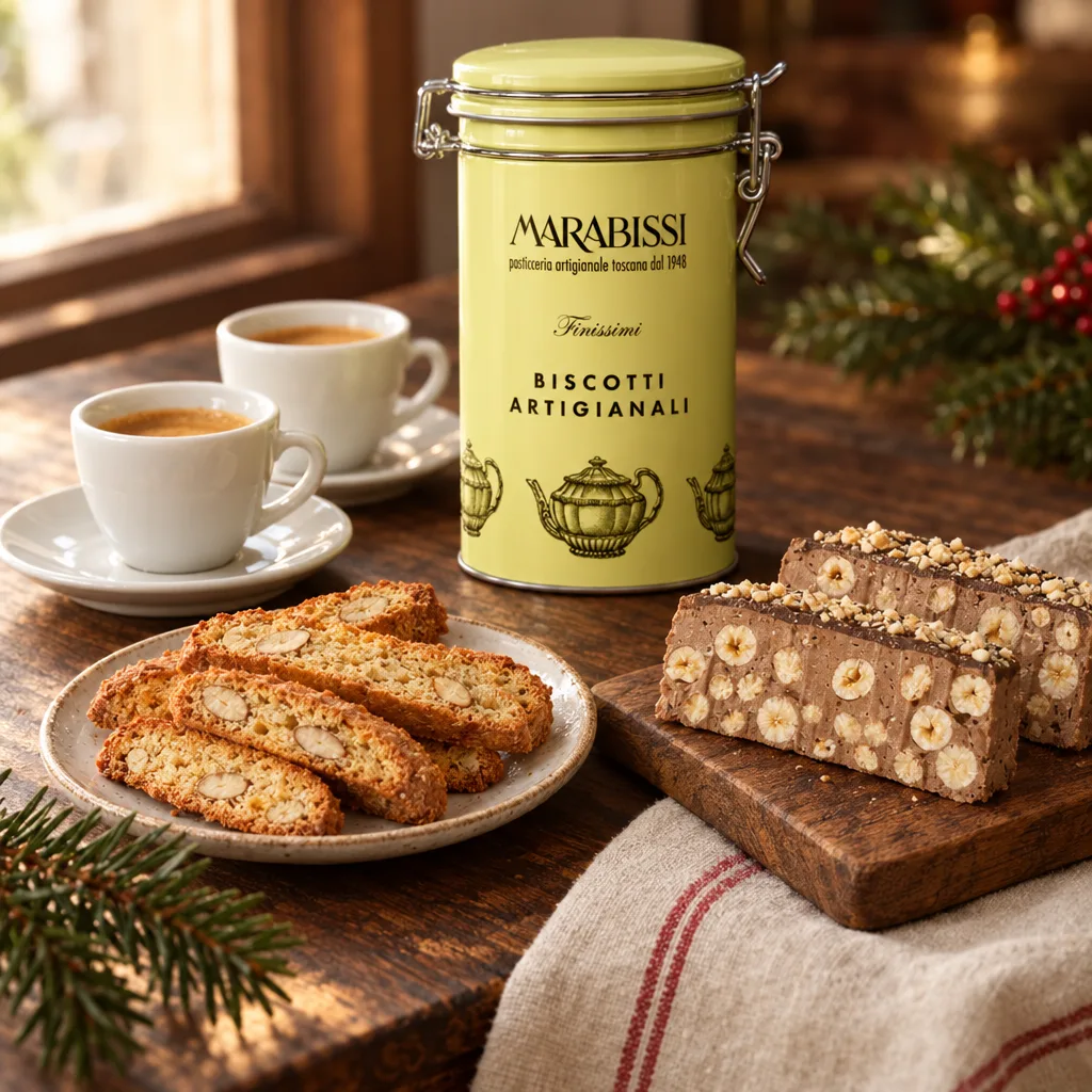 Cantucci de amêndoa e fatias de torrone de gianduia ao lado de duas xícaras de café e da lata Marabissi