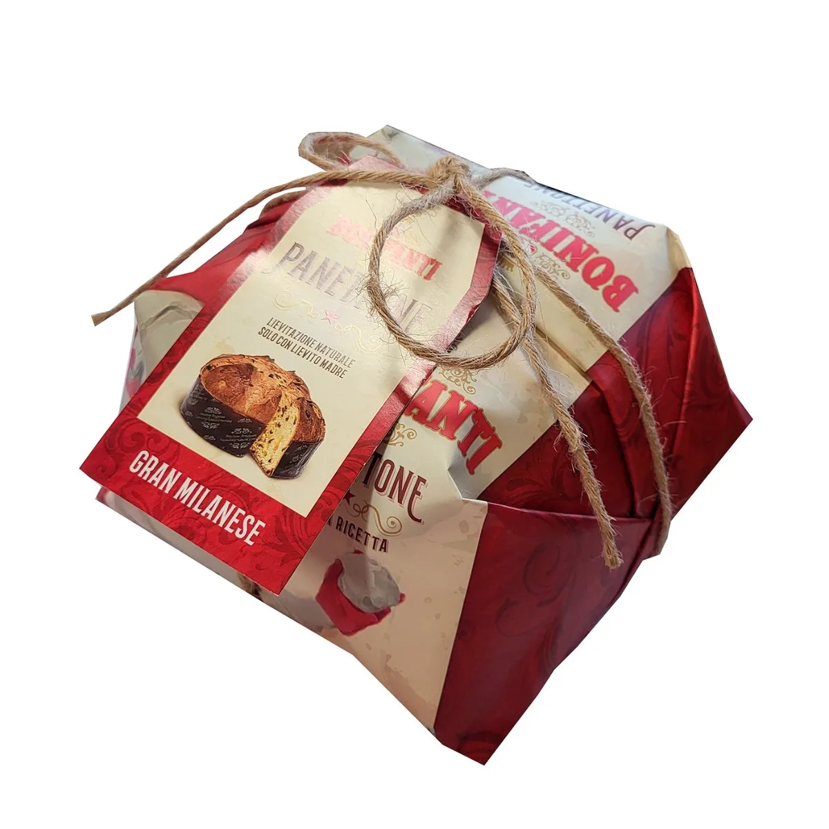 Panettone Gran Milanese Bonifanti na embalagem vermelha com barbante