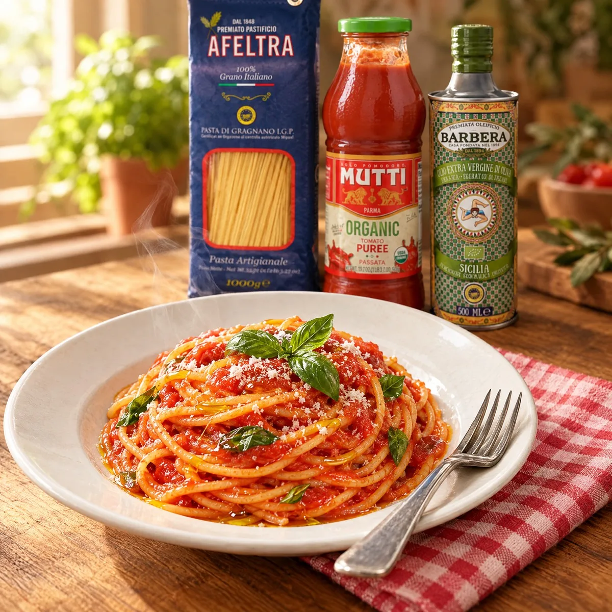 Prato de spaghetti al pomodoro com manjericão e azeite, com os três produtos do kit ao fundo