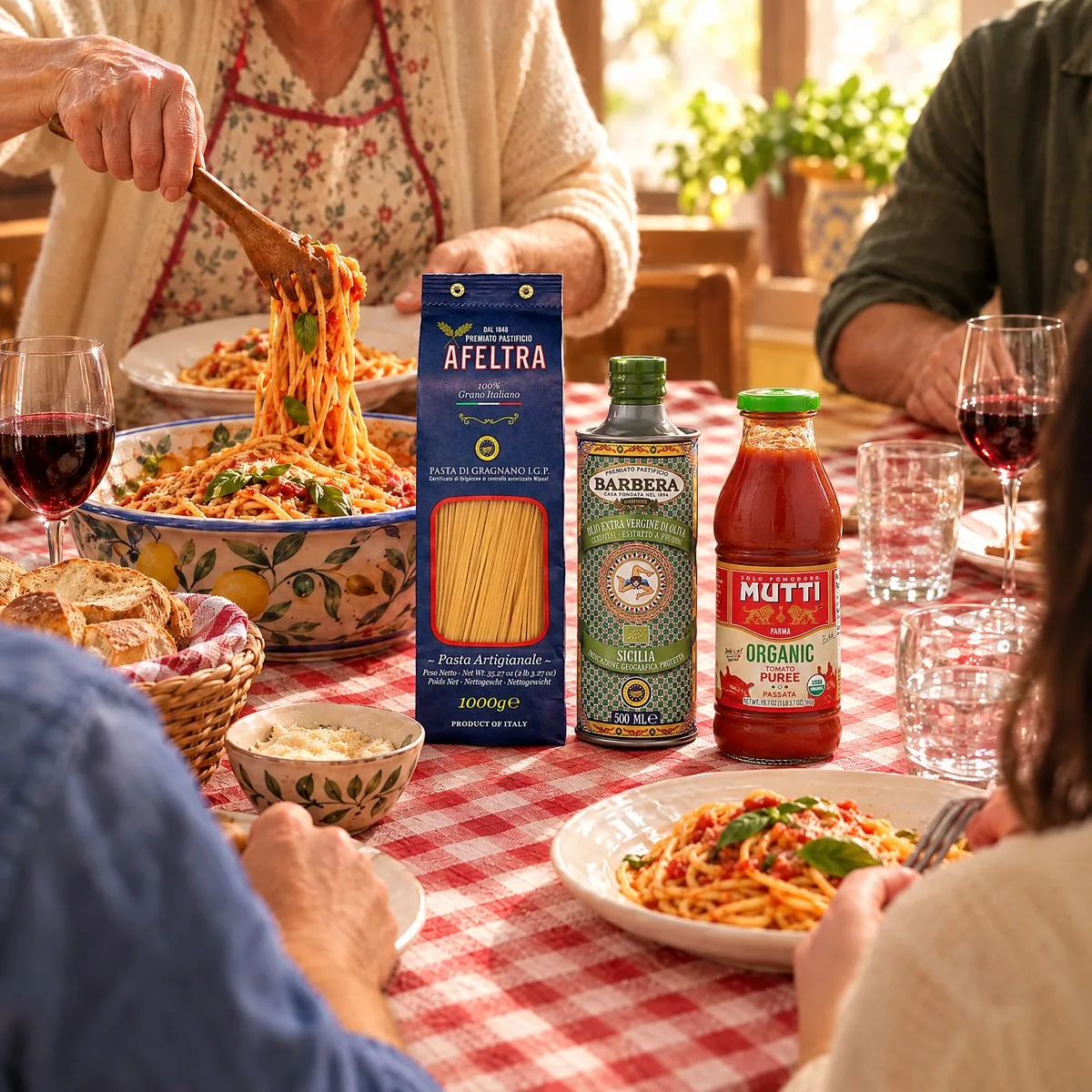 Família reunida no almoço de domingo, com a avó servindo spaghetti e os produtos do kit na mesa