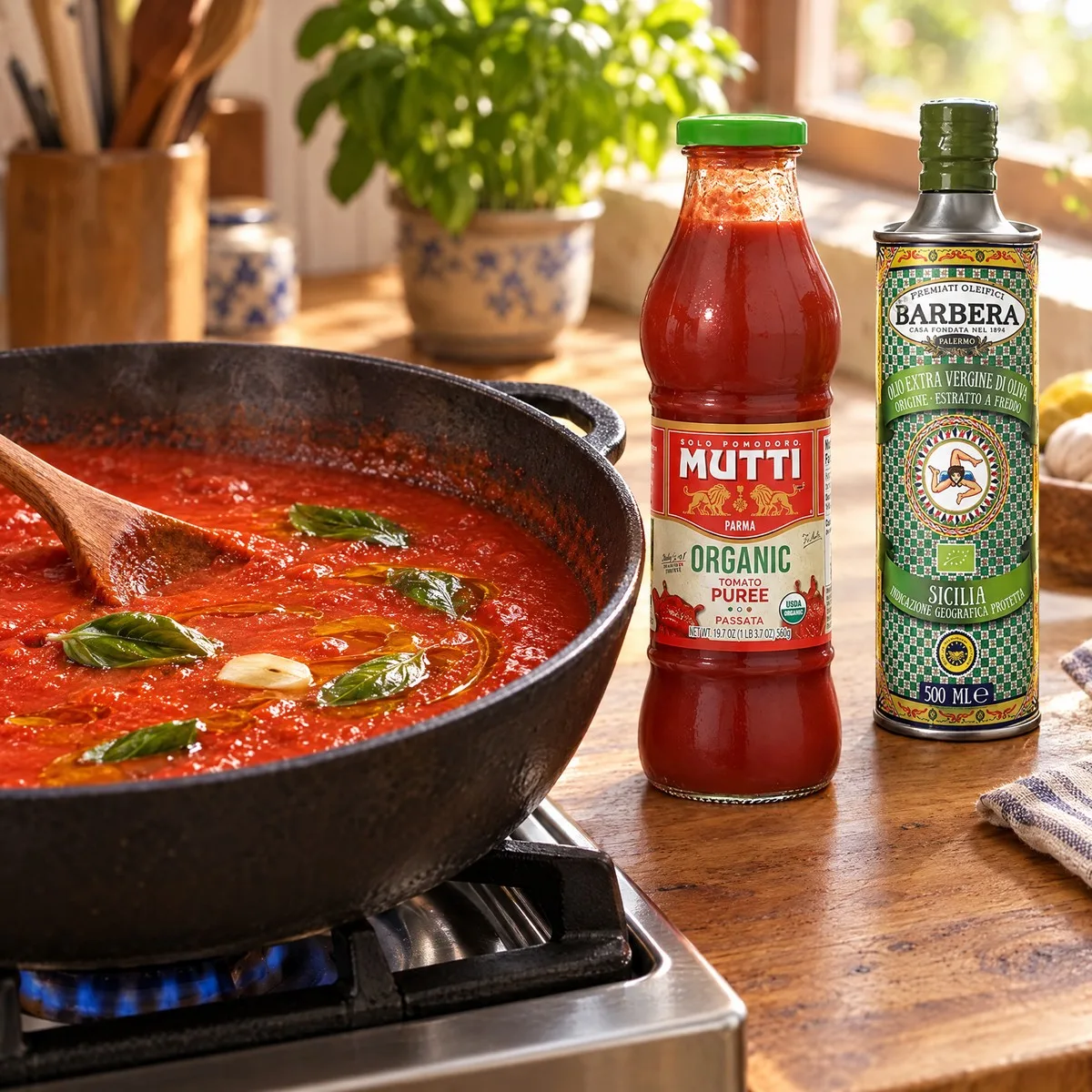 Molho de tomate com manjericão e alho apurando na frigideira, ao lado da passata Mutti e do azeite Barbera