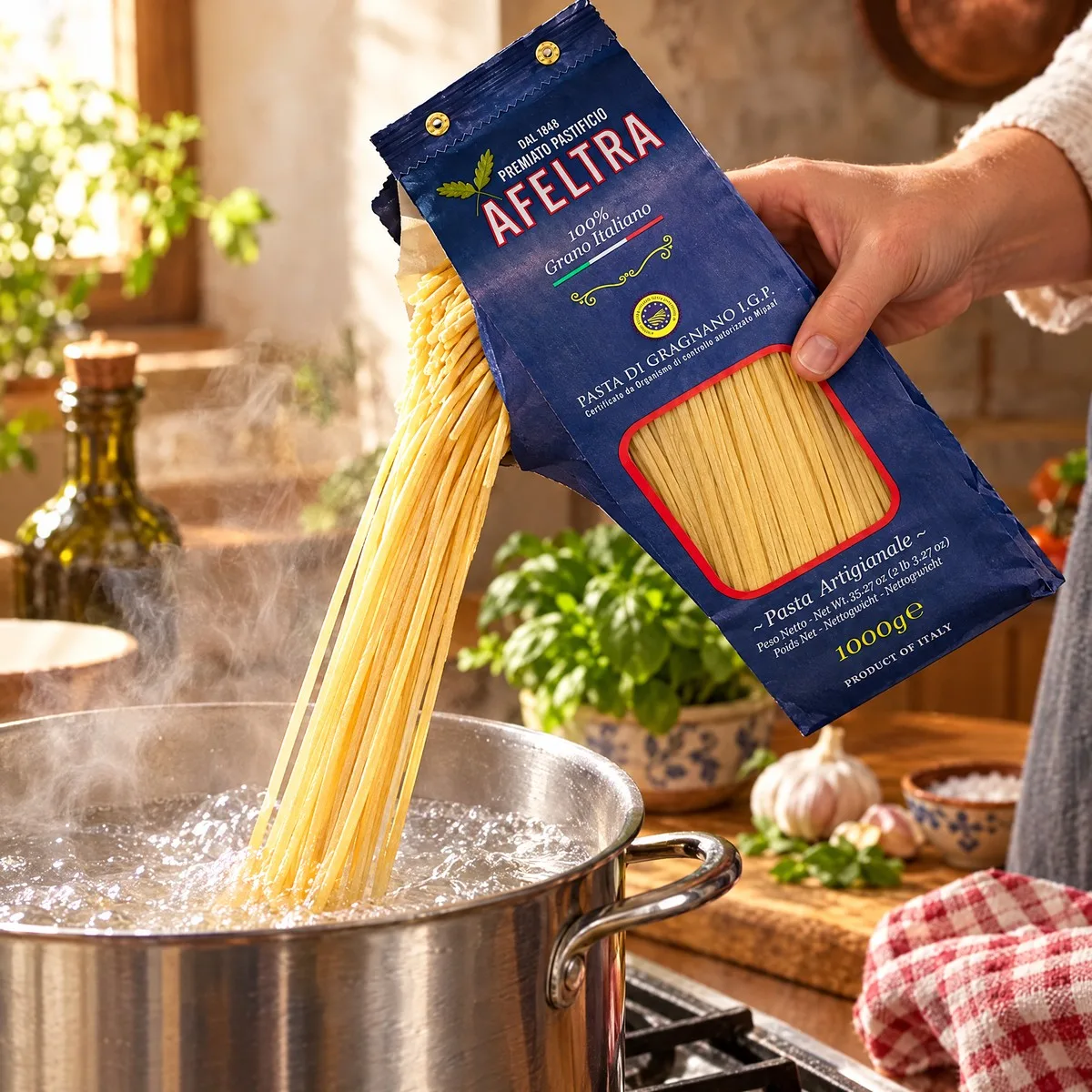 Mão despejando o spaghetti Afeltra na panela de água fervendo