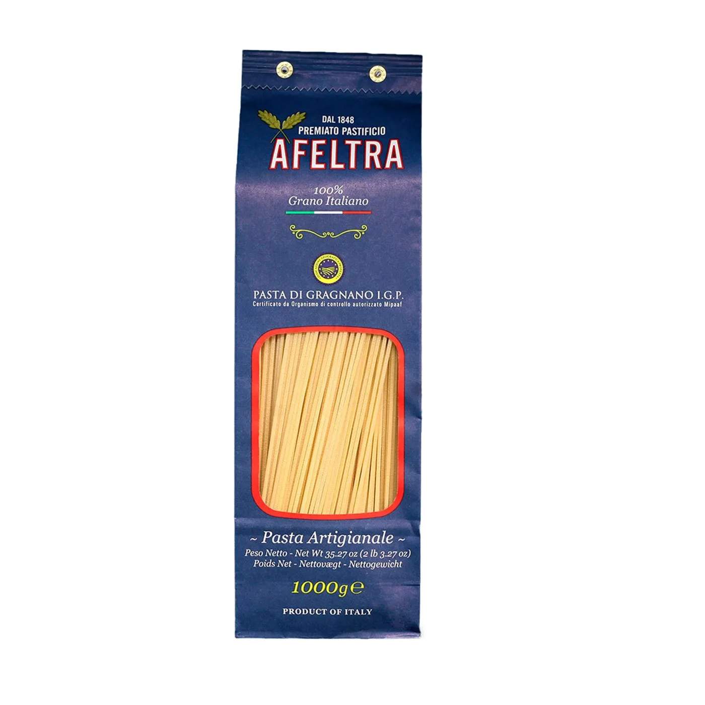 Pacote de Spaghetti 100% Trigo Italiano Afeltra de 1 kg, um dos 6 formatos para escolher