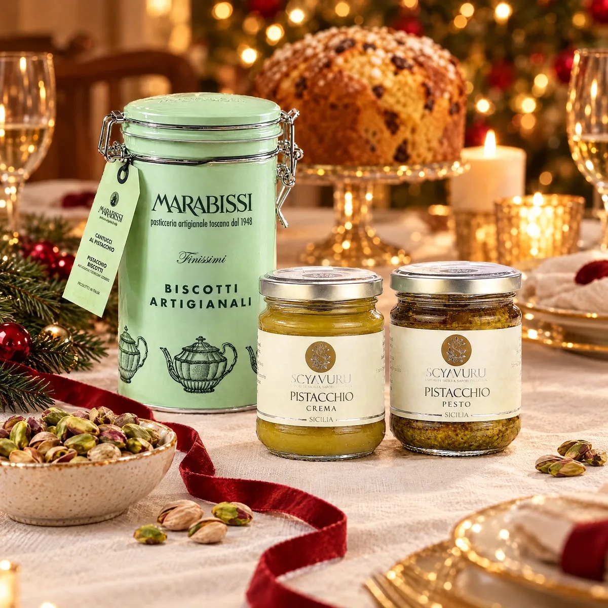 Os três itens do kit numa mesa de ceia de Natal com panettone, velas e taças
