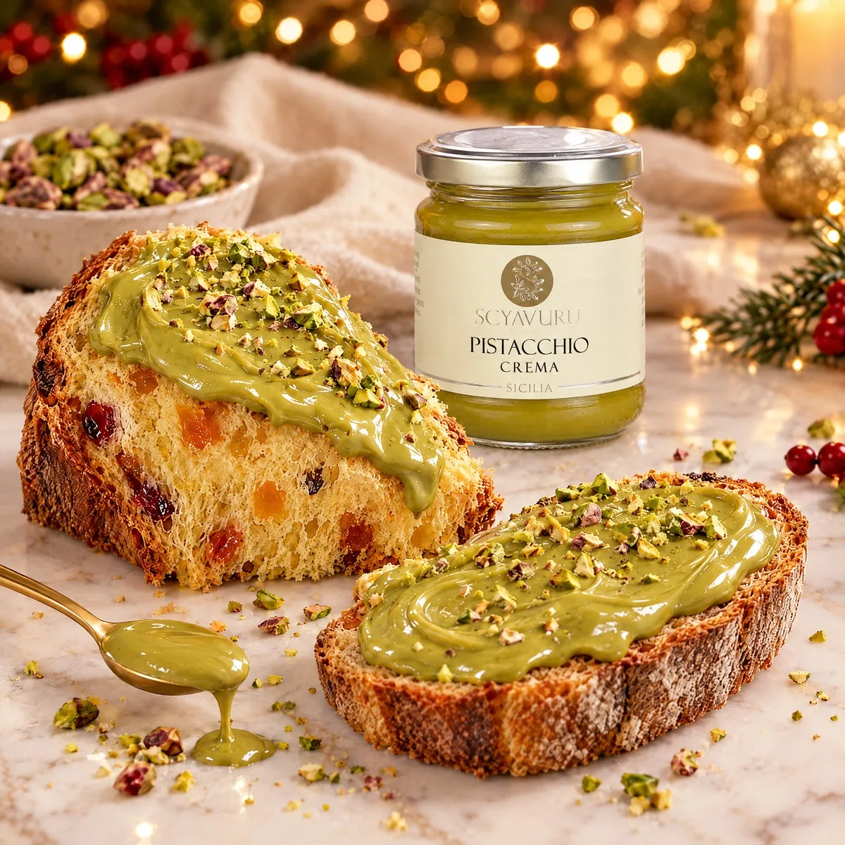 Fatia de panettone e torrada cobertas com creme de pistache, ao lado do pote Scyavuru Pistacchio Crema