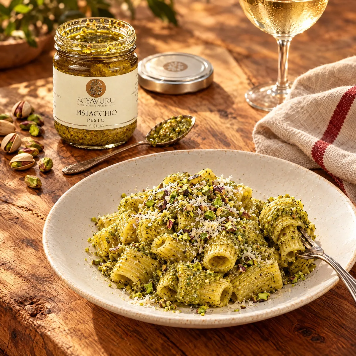 Prato de rigatoni ao pesto de pistache com o pote Scyavuru Pistacchio Pesto aberto ao lado