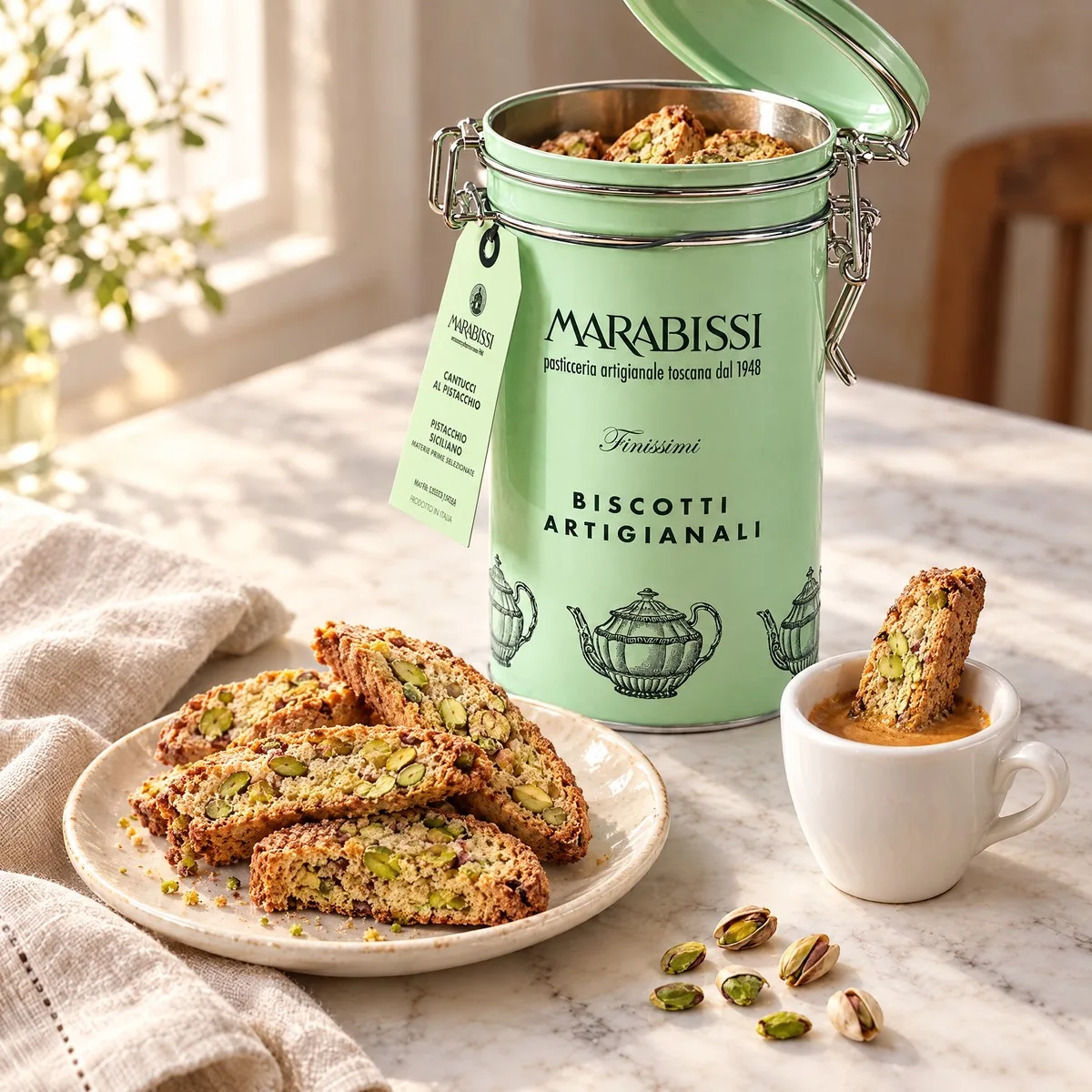 Cantucci de pistache num pratinho e um molhado no espresso, com a lata verde Marabissi aberta