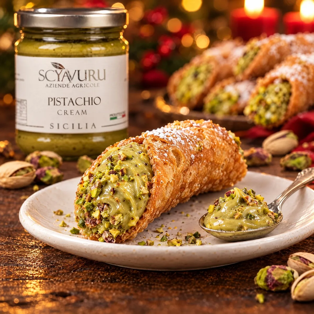 Cannolo com a ponta coberta de creme de pistache com pedacinhos crocantes e uma colher com creme ao lado