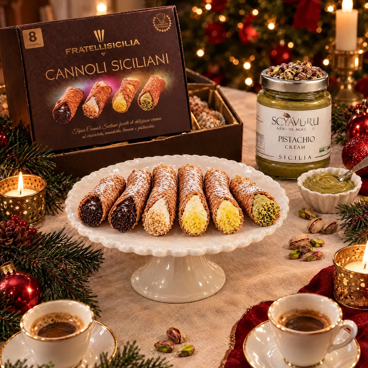 Mesa de sobremesa de Natal com cannoli de quatro sabores num prato de bolo, caixa de cannoli e pote de creme de pistache