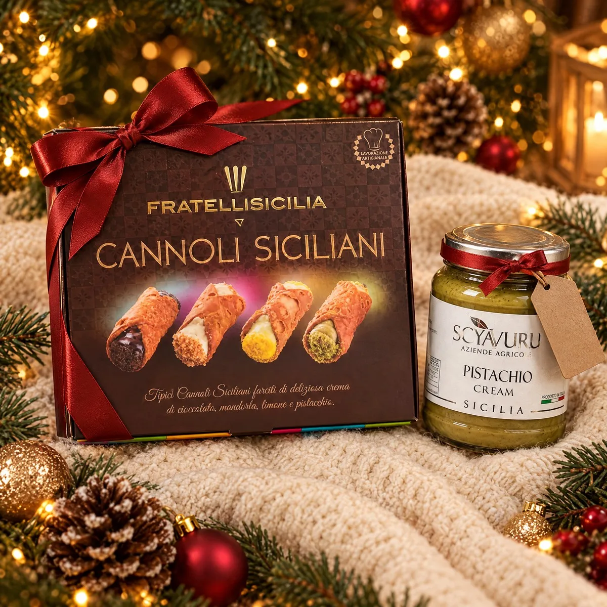 Caixa de cannoli amarrada com fita vermelha e pote de creme de pistache com etiqueta de presente, embaixo da árvore de Natal