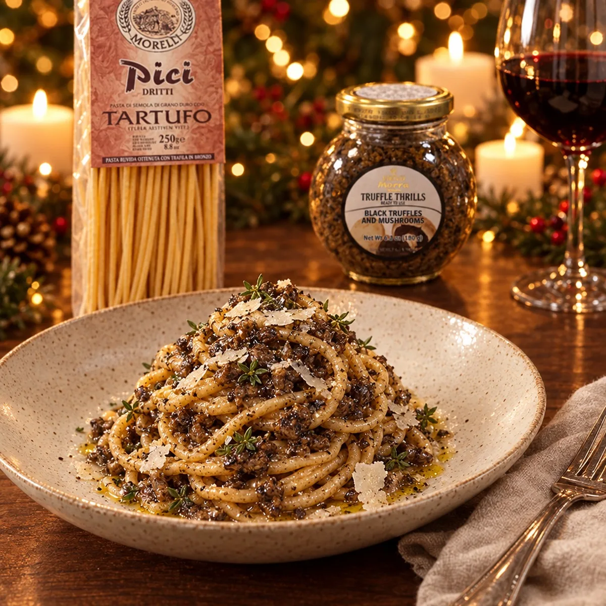 Prato de pici com molho tartufata de trufa preta, parmesão e tomilho