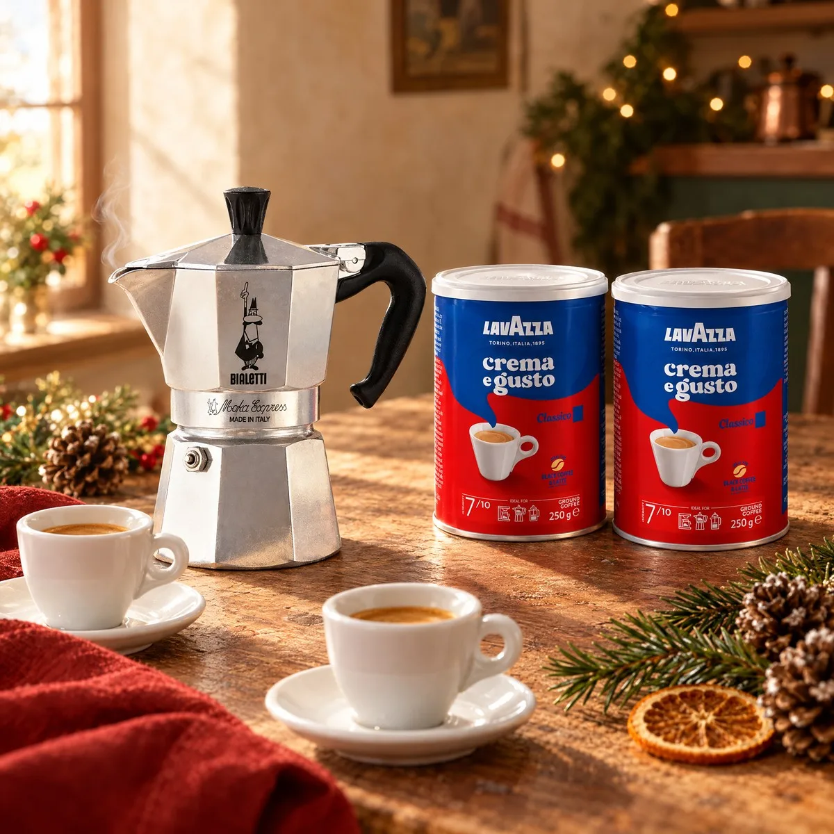 Moka Bialetti e duas latas de café Lavazza