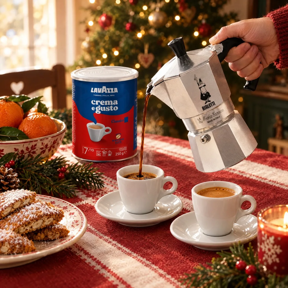 Mão servindo café da moka Bialetti em xícaras brancas numa mesa de café da manhã de Natal com a lata de Lavazza ao fundo