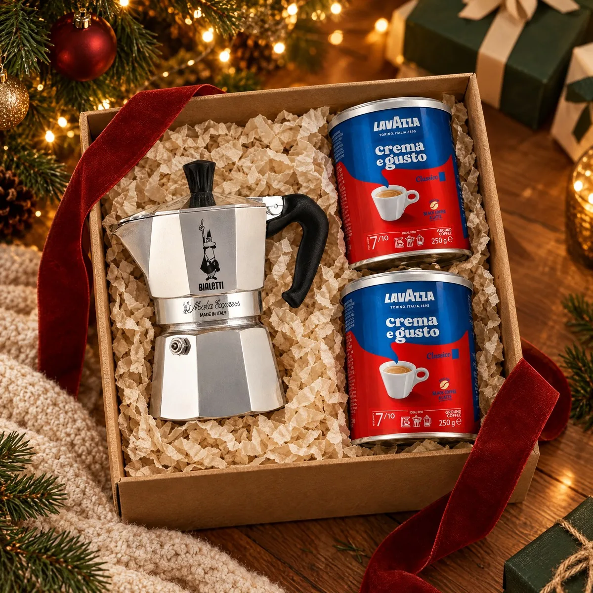 Caixa de presente com laço de veludo vermelho embaixo da árvore de Natal com a moka Bialetti e duas latas de café Lavazza dentro