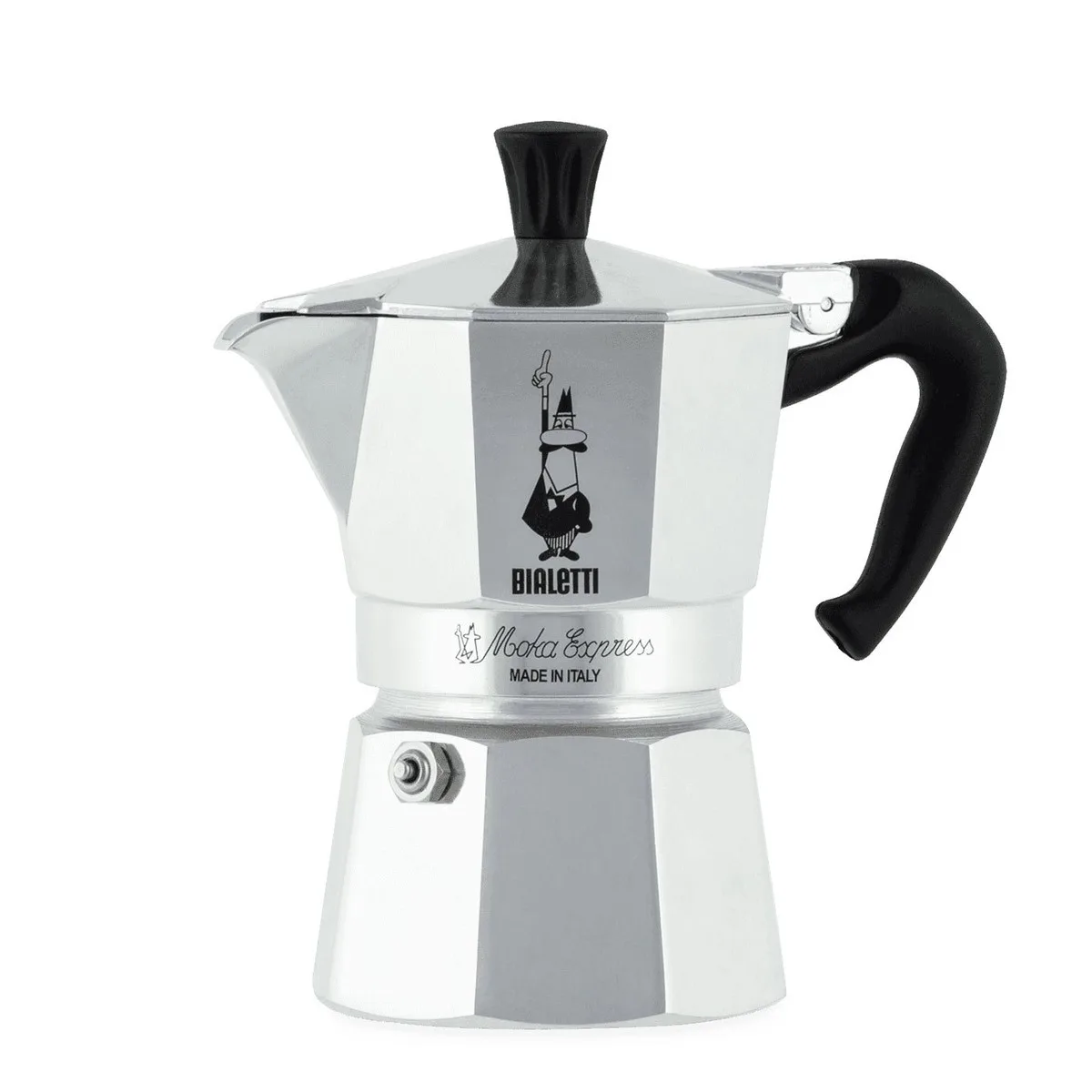 Cafeteira Moka Express Bialetti de alumínio para 3 xícaras em fundo branco