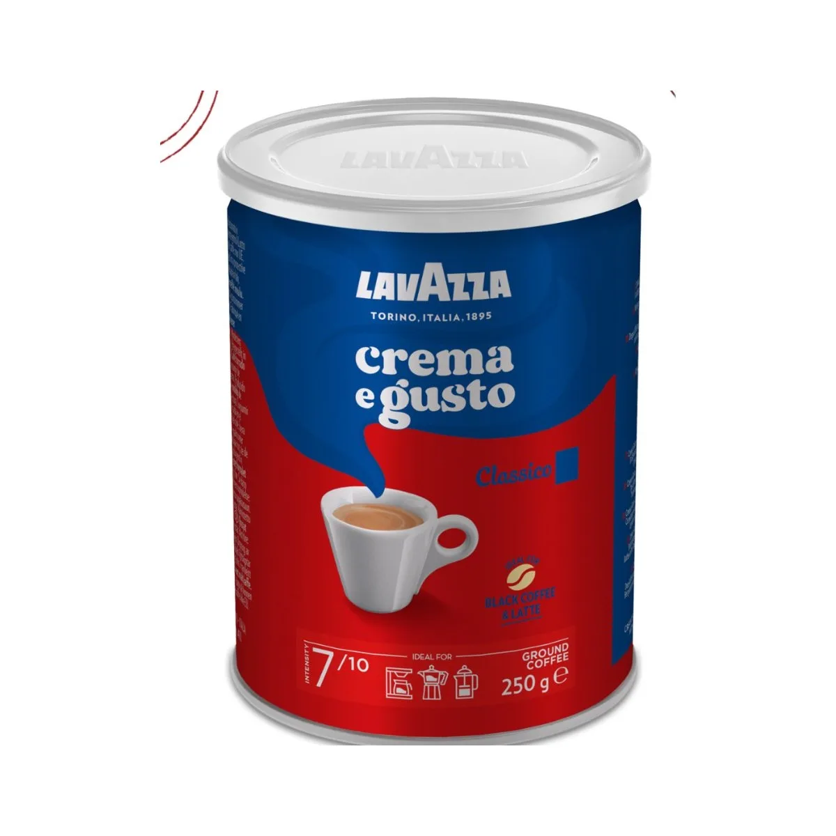 Lata de café moído Lavazza Crema e Gusto Classico de 250 g, vermelha e azul