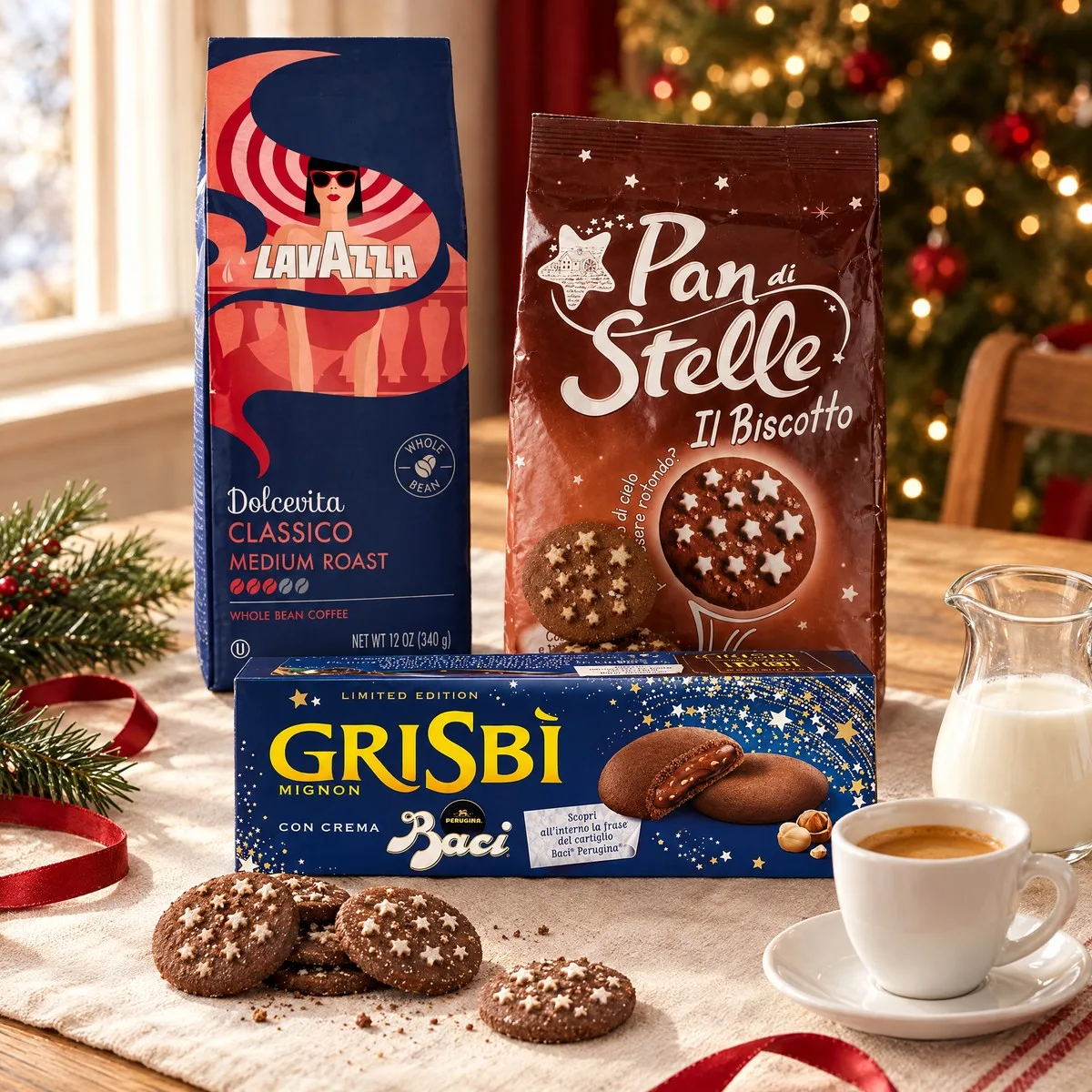 Café Lavazza, biscoitos Pan di Stelle e caixa de Grisbì