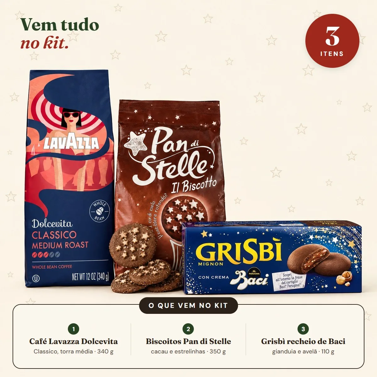Os três itens do kit lado a lado: café Lavazza Dolcevita Classico 340 g, Biscoitos Pan di Stelle 350 g e Grisbì com recheio de Baci 110 g