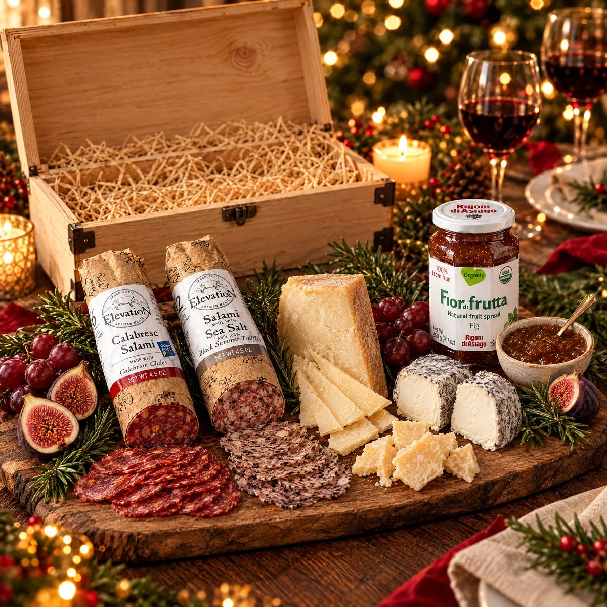 Tábua de queijos e salames montada na mesa de Natal, com o baú de madeira aberto ao fundo