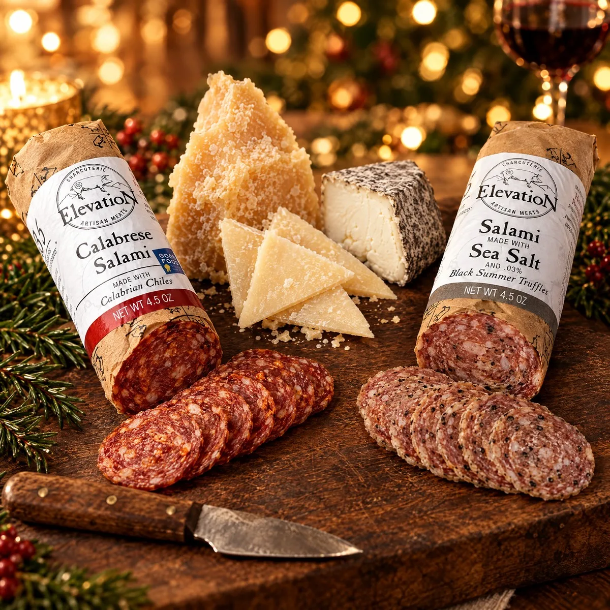 Salame Calabrês e Salame com Trufa Preta fatiados na tábua, com lascas de grana, pecorino e queijo de cabra