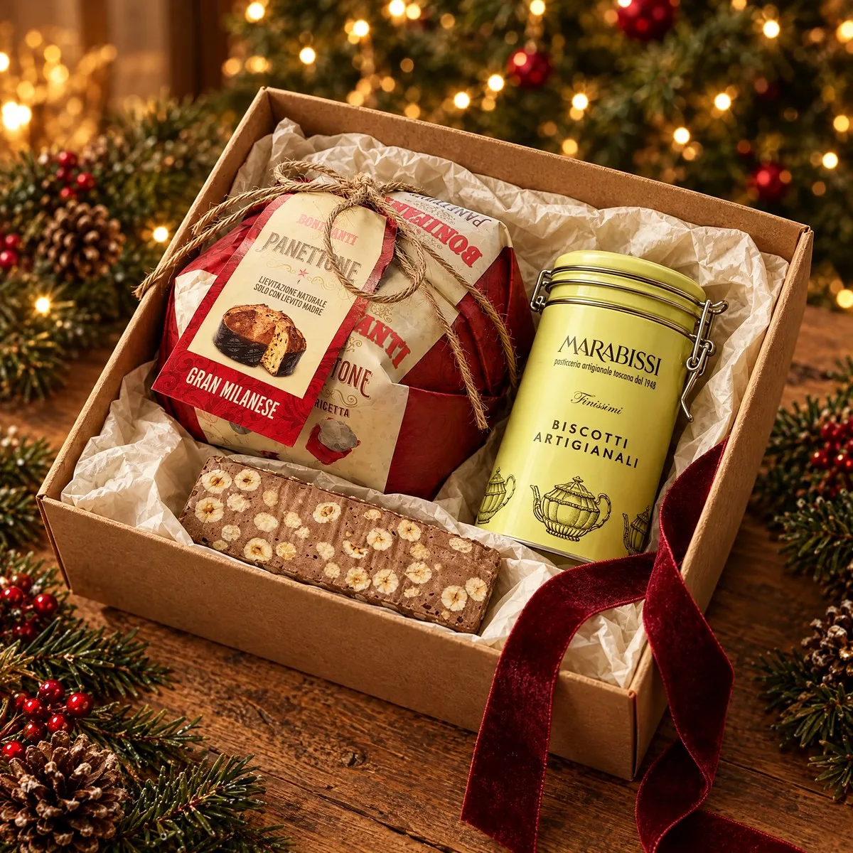 Caixa de presente aberta com panettone, torrone e lata de cantucci, diante da árvore de Natal