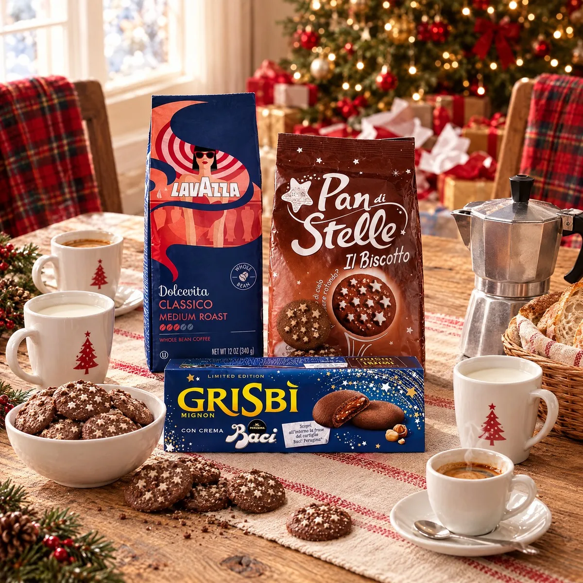 Mesa do café da manhã de Natal com o kit (café Lavazza, Pan di Stelle e Grisbì), canecas de leite com arvorezinha, moka, pão e a árvore com os presentes abertos ao fundo