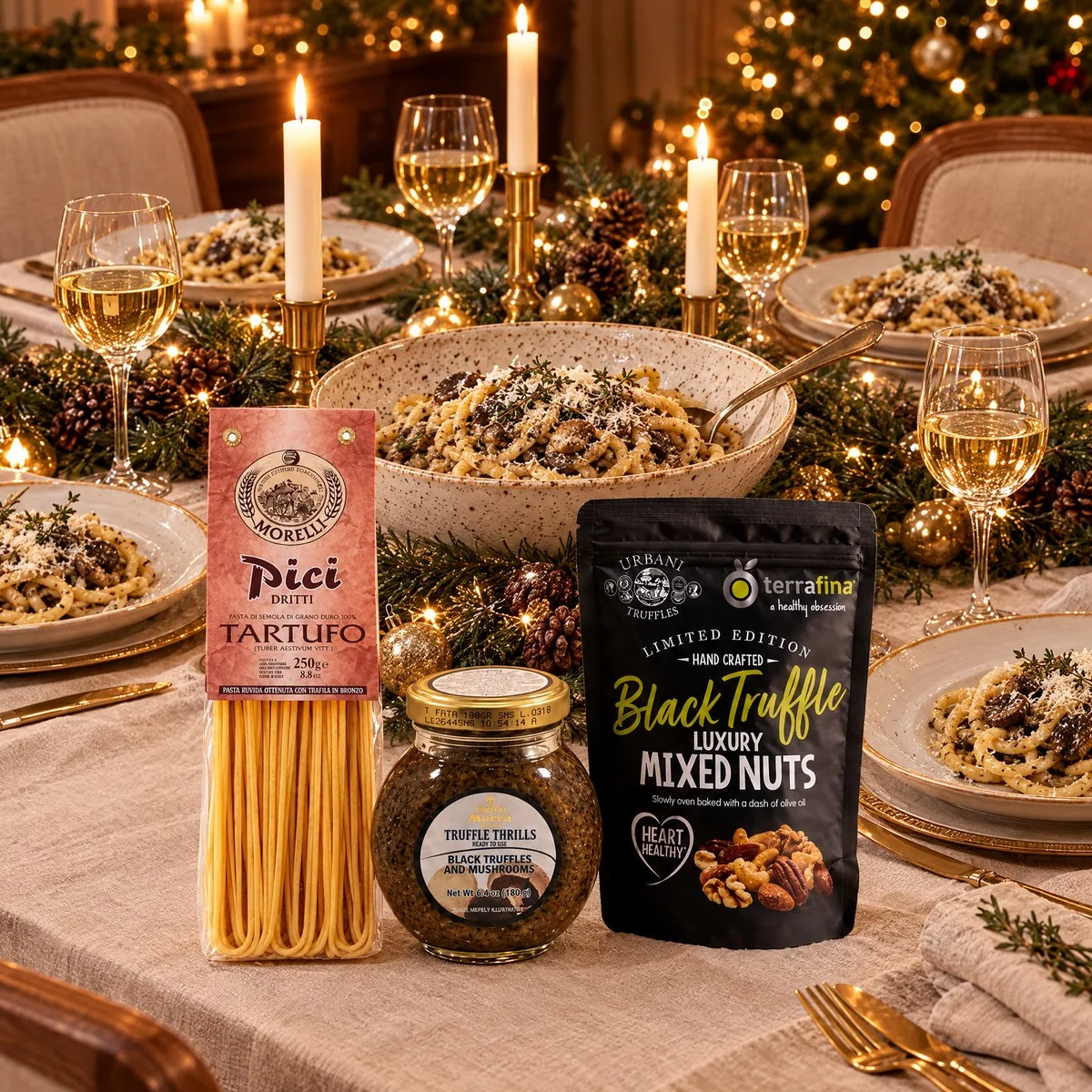 Mesa de ceia de Natal posta, com travessa e pratos de pici trufado e o kit sobre a mesa