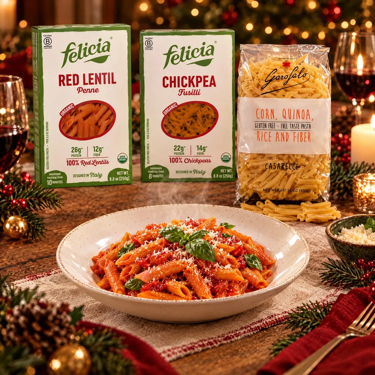 Prato de penne de lentilha vermelha ao molho de tomate com manjericão na mesa de Natal, com as caixas Felicia e o pacote Garofalo ao fundo