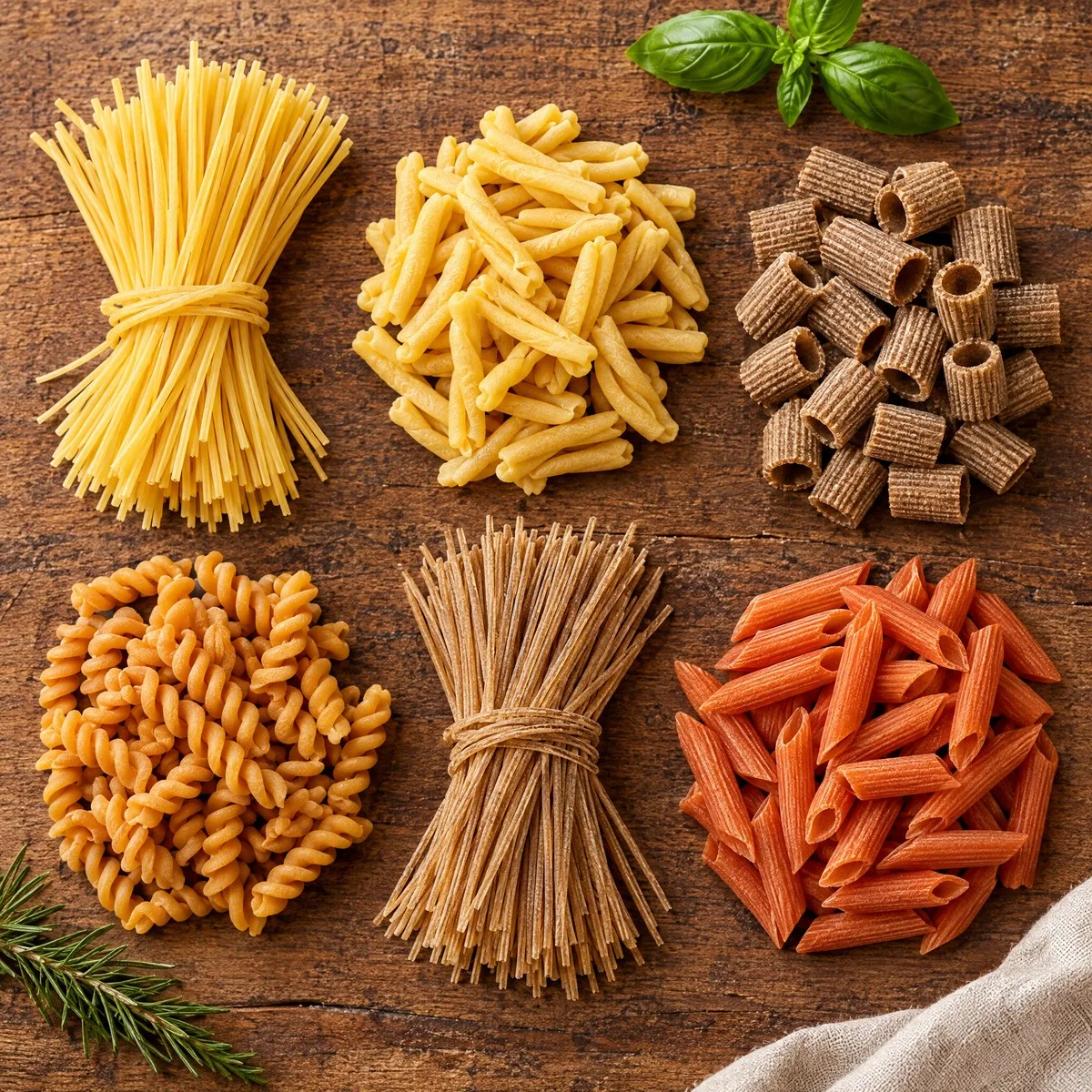 Seis massas sem glúten cruas lado a lado: spaghetti, caserecce, rigatoni de trigo sarraceno, fusilli de grão-de-bico, spaghetti de aveia e penne de lentilha vermelha