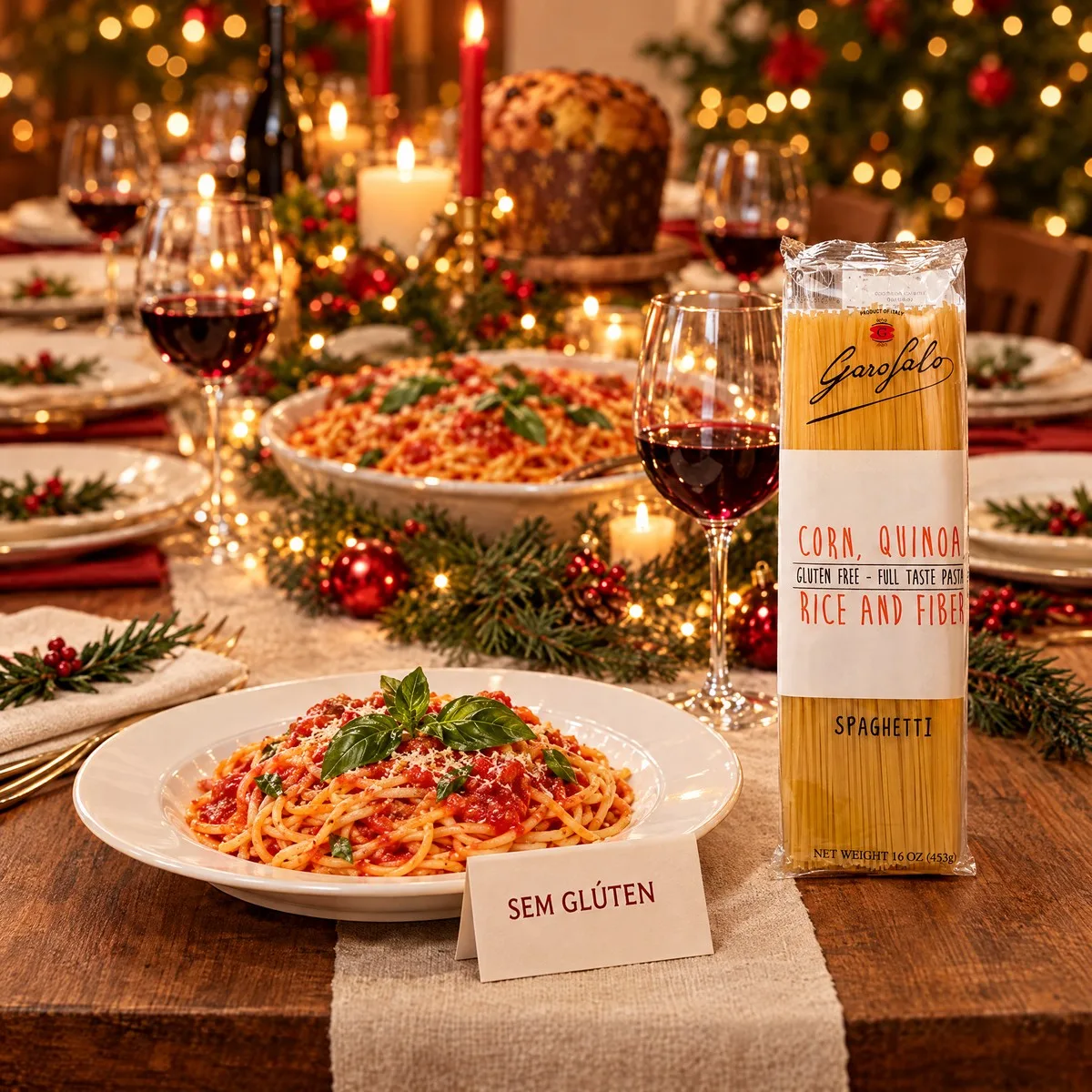 Mesa de ceia de Natal com travessa de macarronada e um prato separado com cartão escrito sem glúten, ao lado do spaghetti sem glúten Garofalo