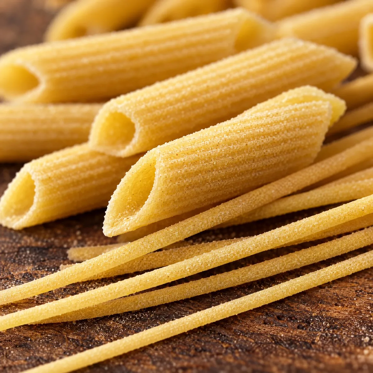 Close da textura áspera e porosa da penne rigate e do spaghetti crus