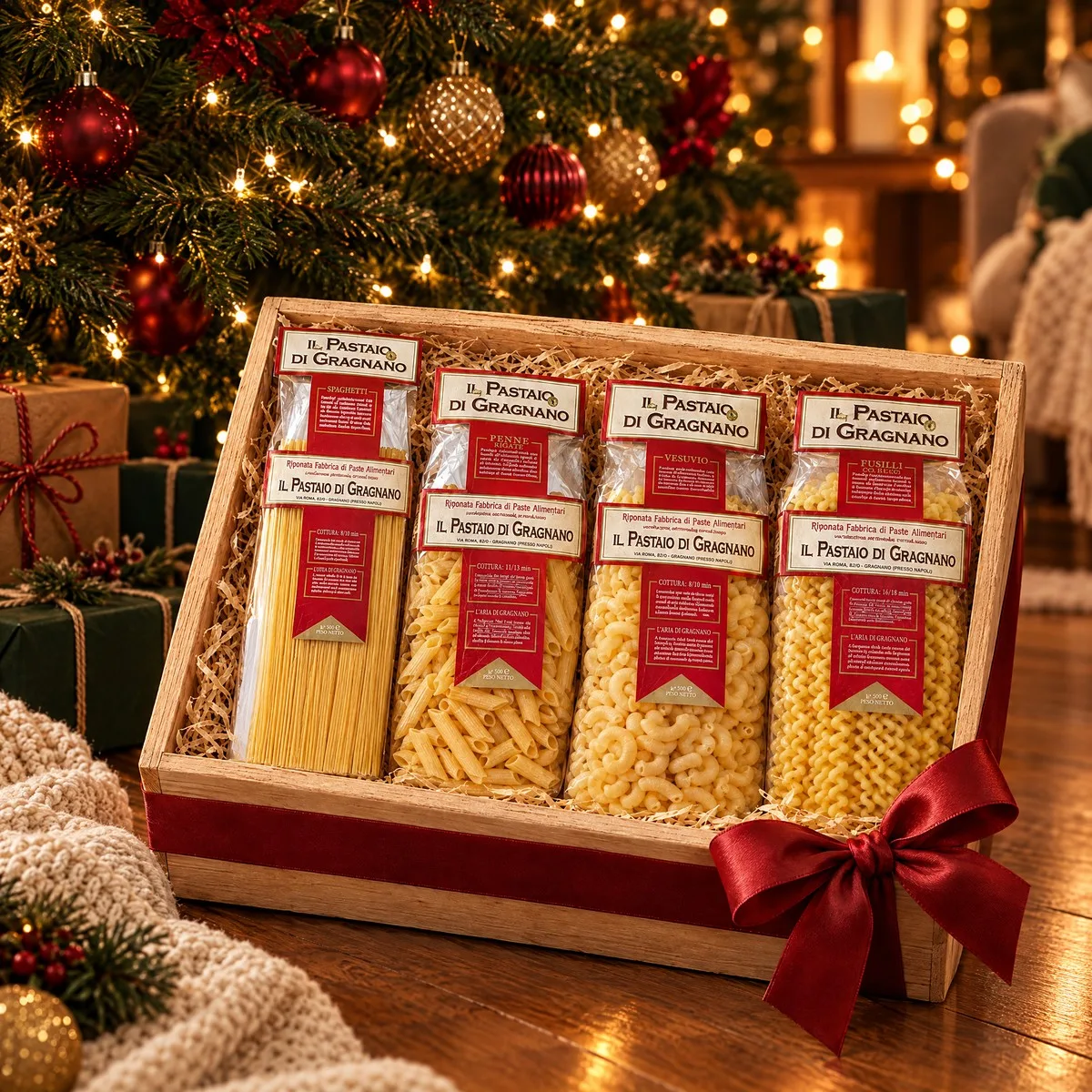 Caixa com quatro pacotes de massa Il Pastaio di Gragnano sob a árvore de Natal