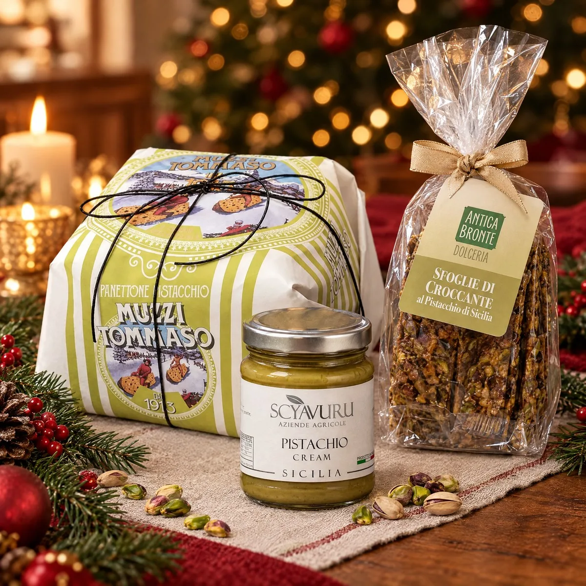 Kit Natal de Pistache com Panettone, Creme de Pistache e Torroncino