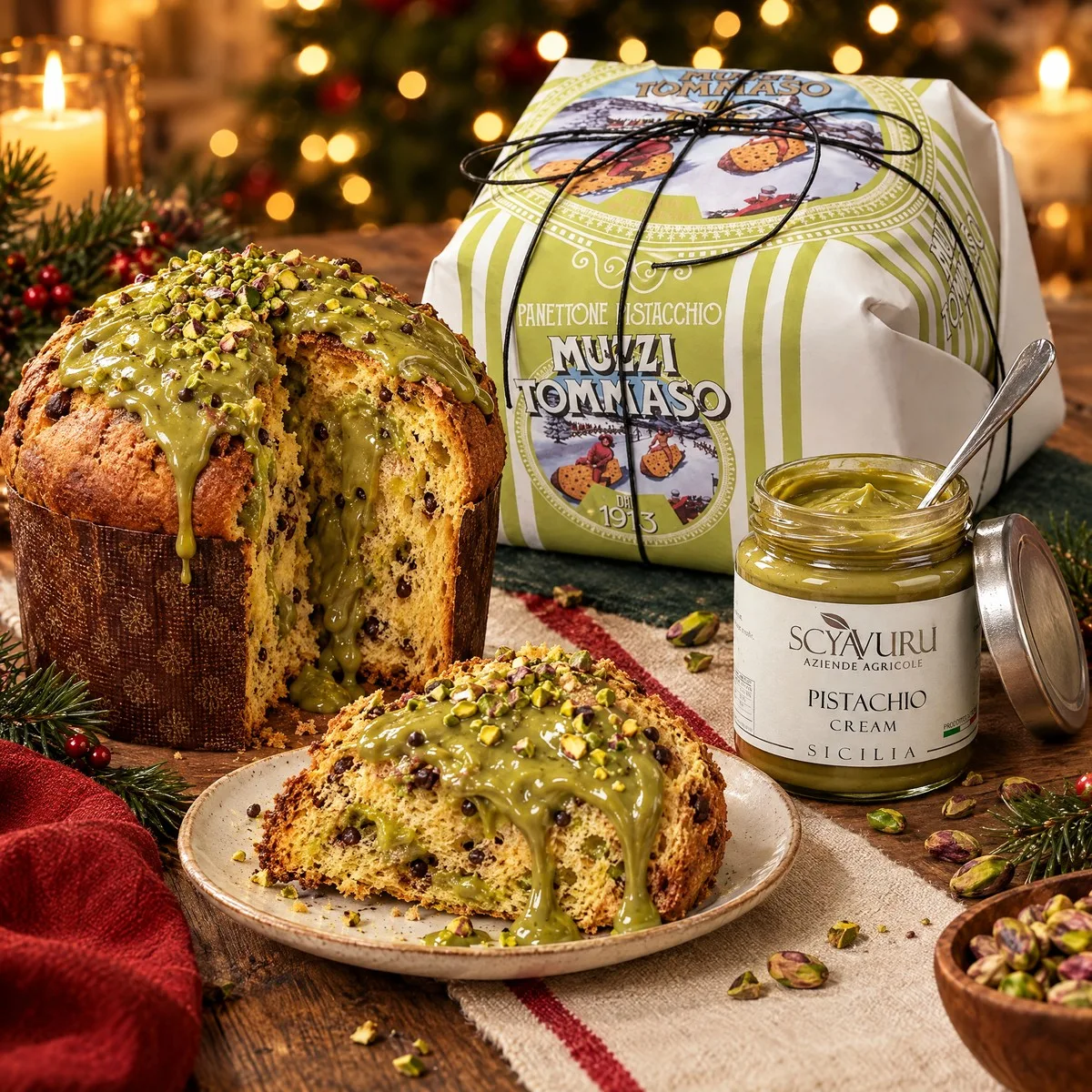 Panettone de pistache aberto com creme de pistache escorrendo pela fatia, ao lado do pote Scyavuru