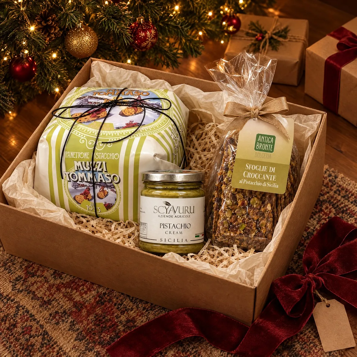 Caixa de presente aberta com o panettone de pistache, o creme de pistache e o torroncino, debaixo da árvore de Natal