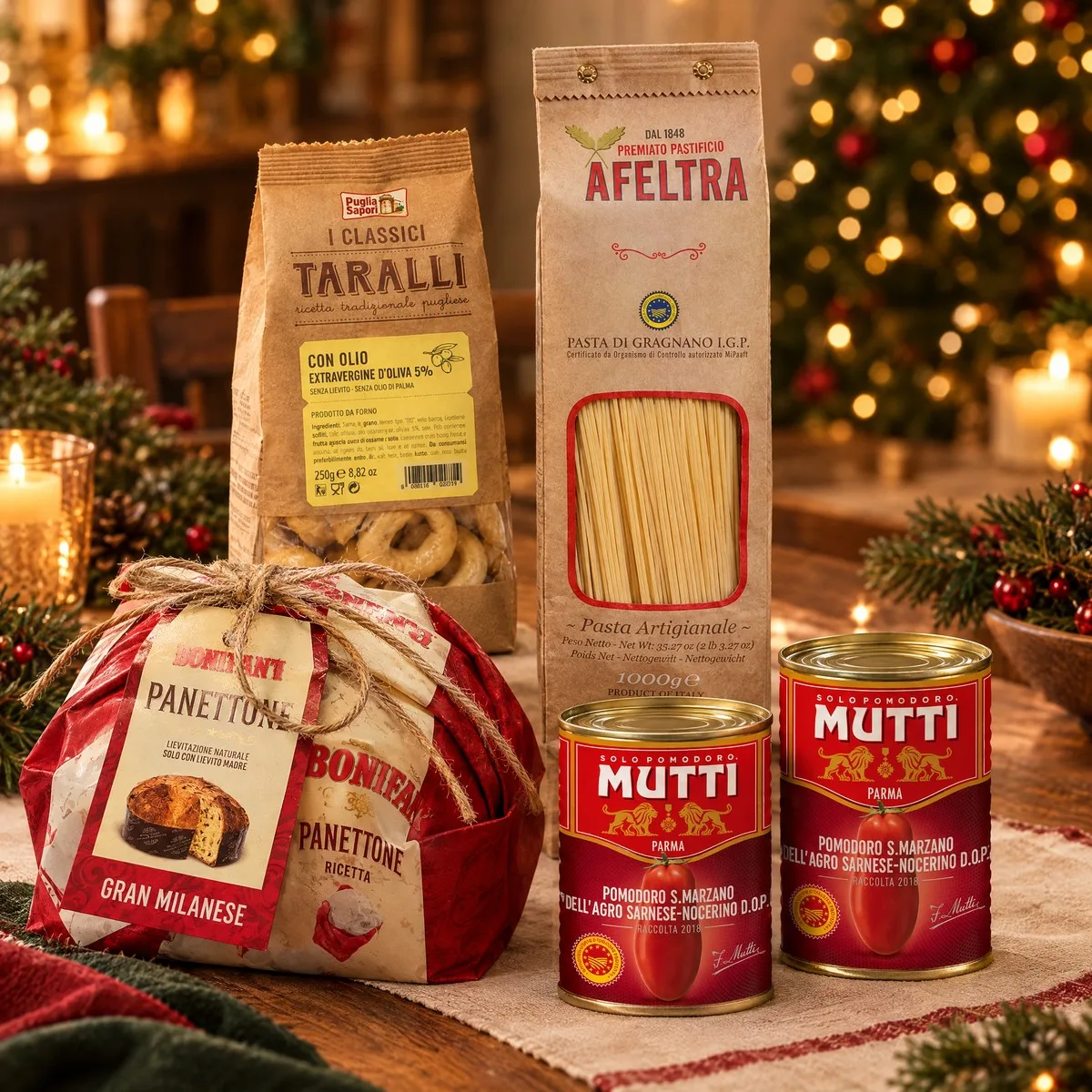 Kit Ceia Italiana Completa: Taralli, Spaghetti, San Marzano e Panettone