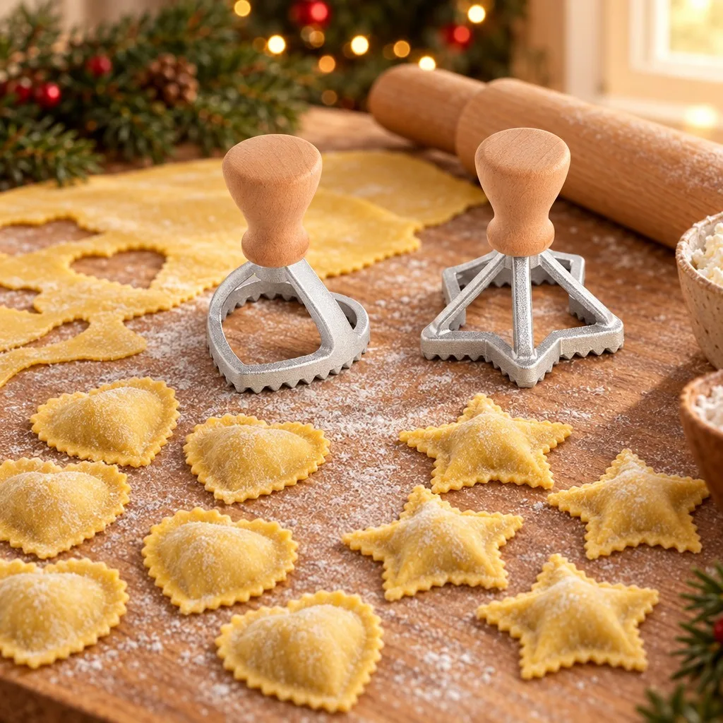 Ravioli de coração e de estrela com borda ondulada sobre a massa fresca, ao lado dos dois carimbos