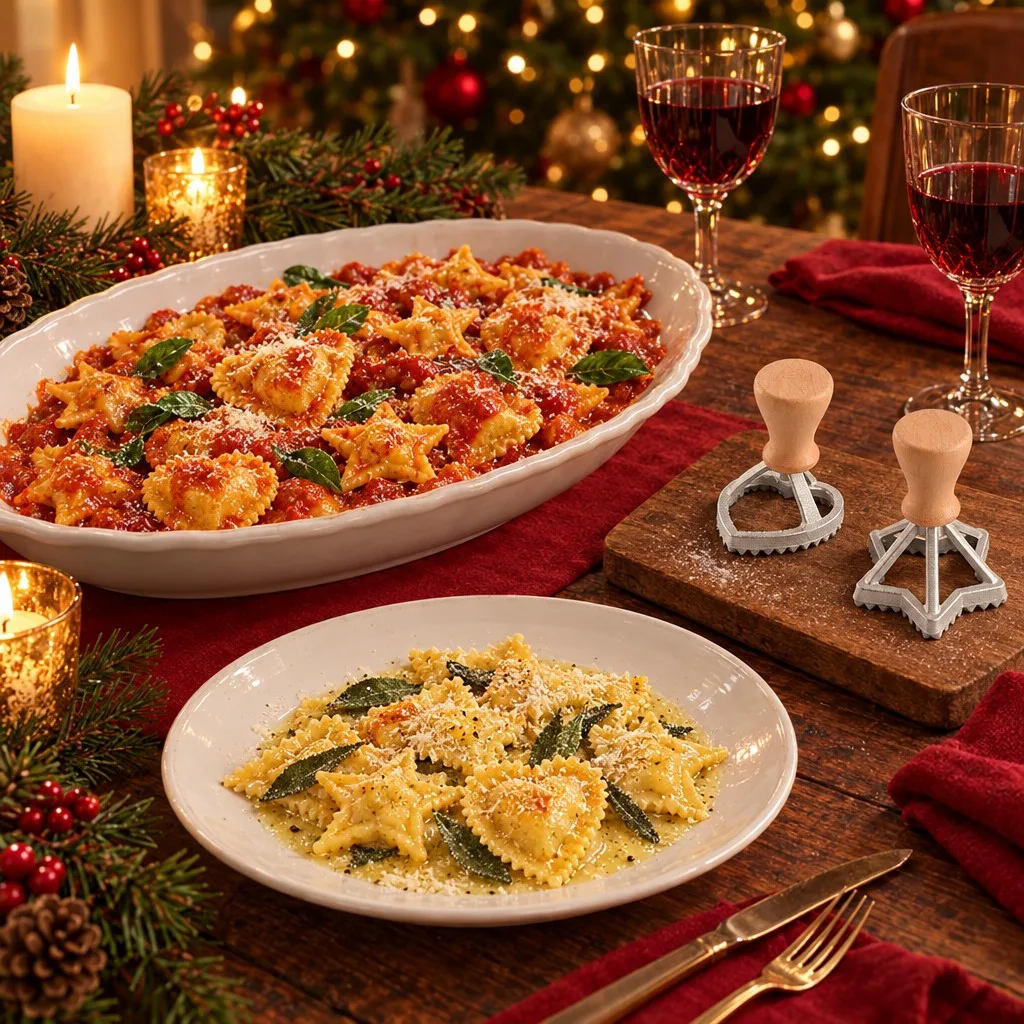 Mesa de Natal com travessa de ravioli de coração e estrela ao molho de tomate, prato com manteiga e sálvia e os carimbos numa tábua