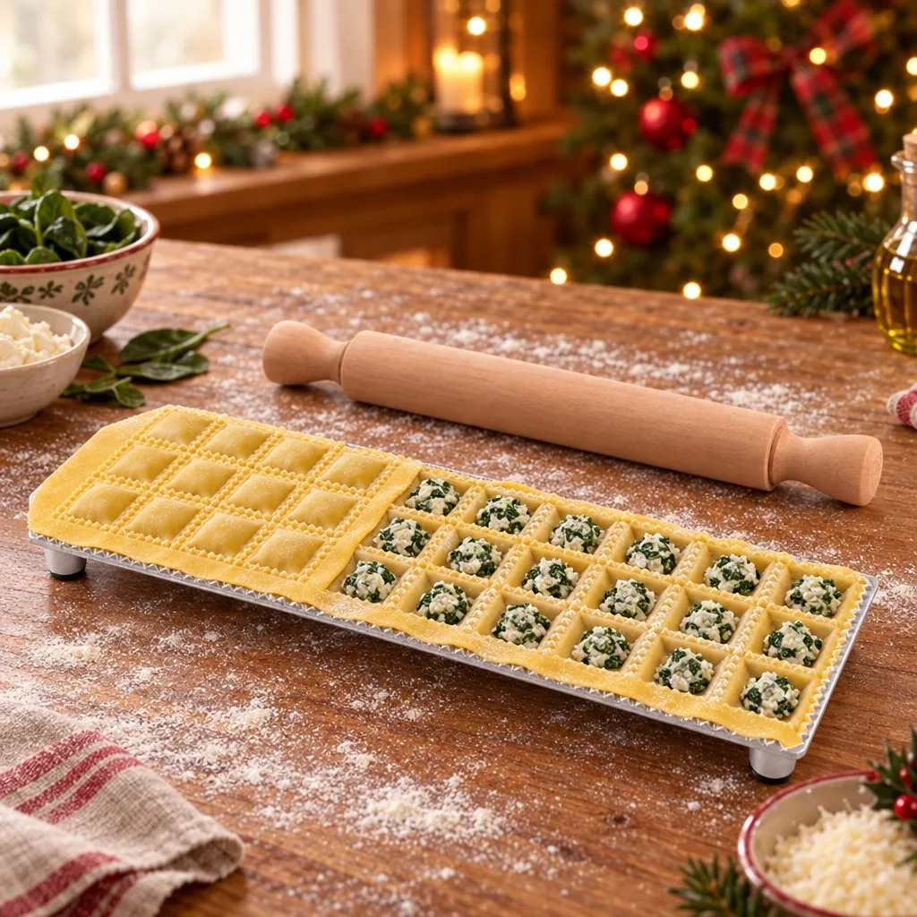 Forma de ravioli quadrado coberta de massa fresca com recheio de ricota e espinafre, e o rolo de madeira ao lado