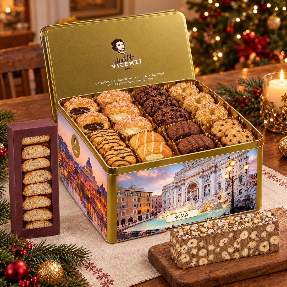 Kit Lata de Natal Italiana: Biscoitos Sortidos 910 g, Torrone e Cantucci