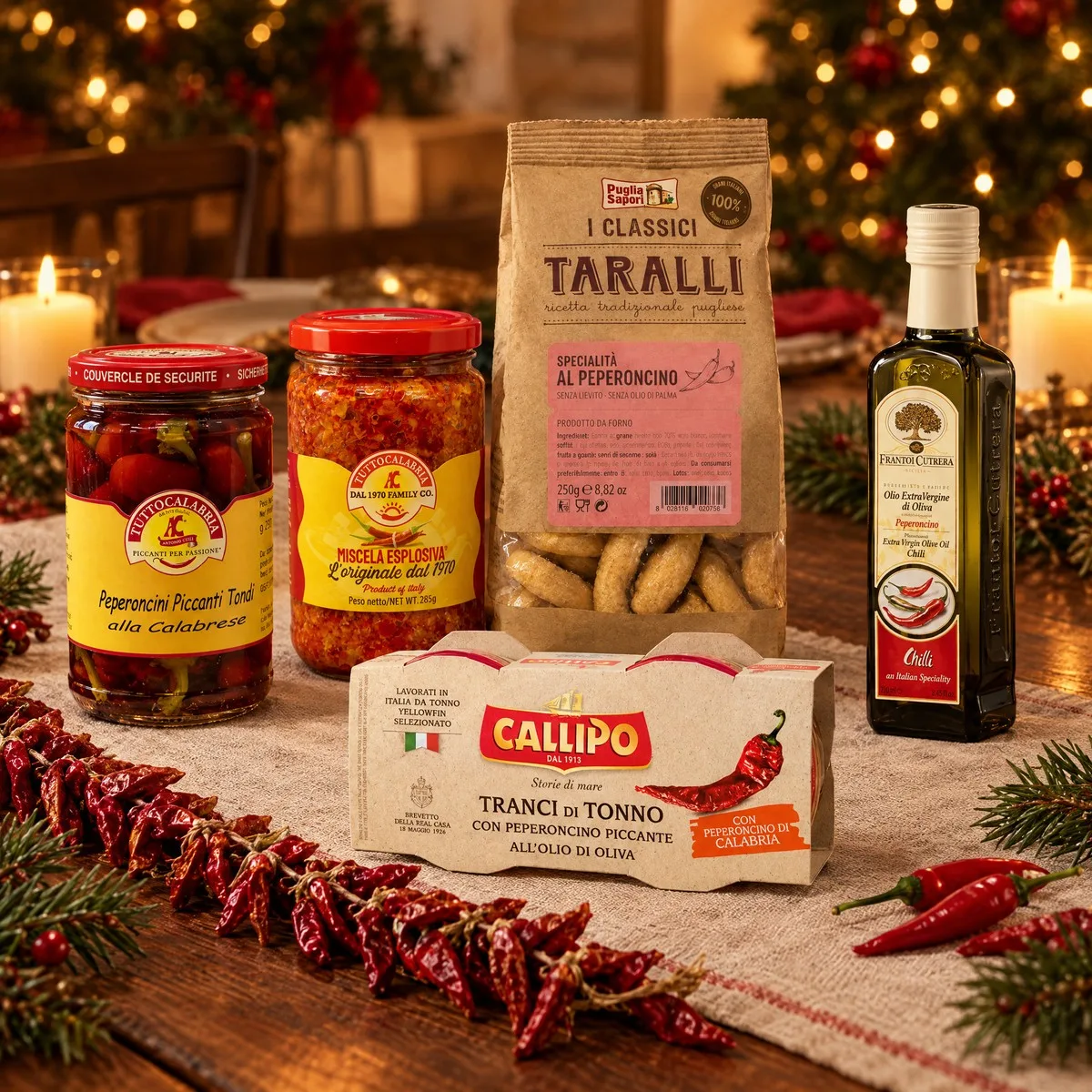 Kit Picante da Calábria com Pimentas, Molho, Azeite, Taralli e Atum