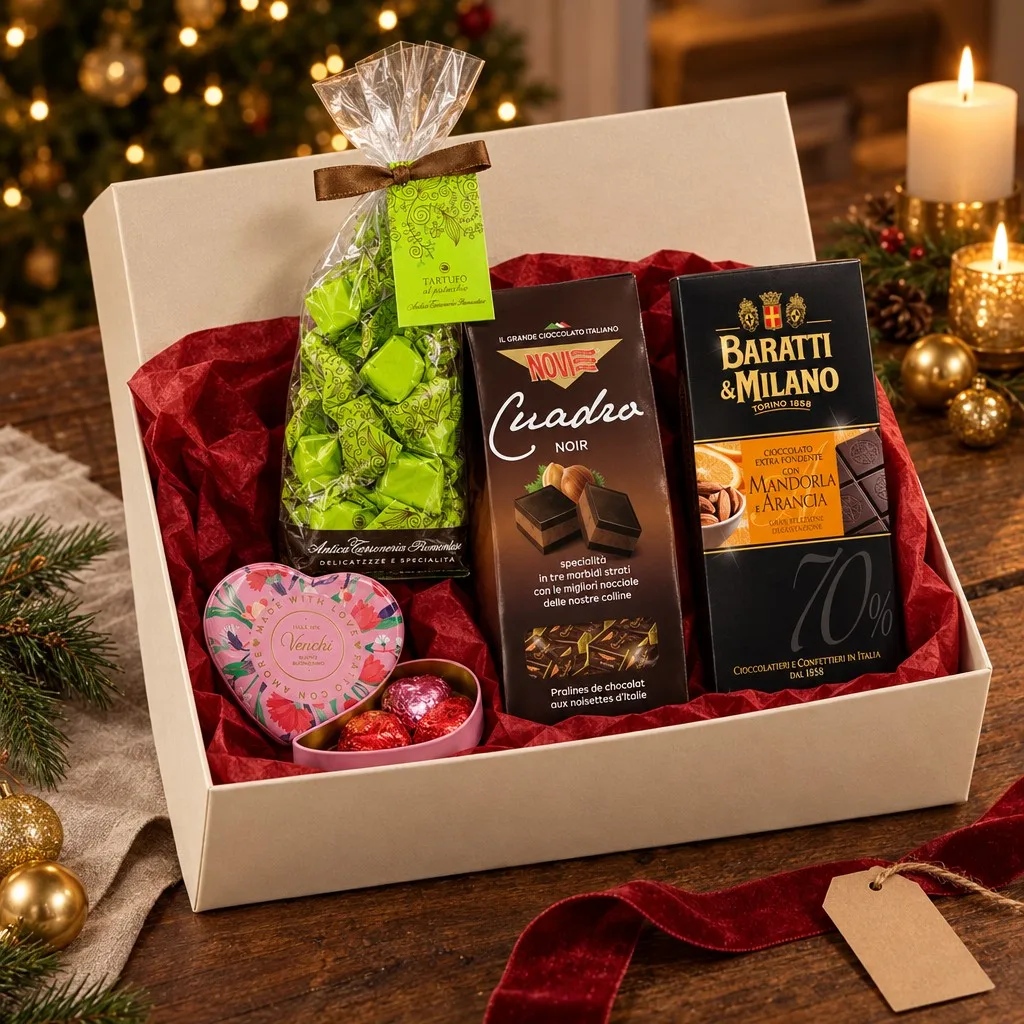 Caixa-presente de Chocolates Italianos com Trufas de Pistache, Novi, Baratti e Venchi