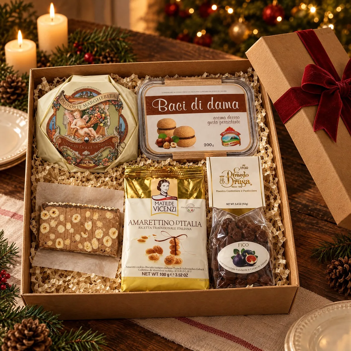 Caixa 5 Doces de Natal da Nonna com Panforte, Baci di Dama, Torrone, Amaretti e Figos