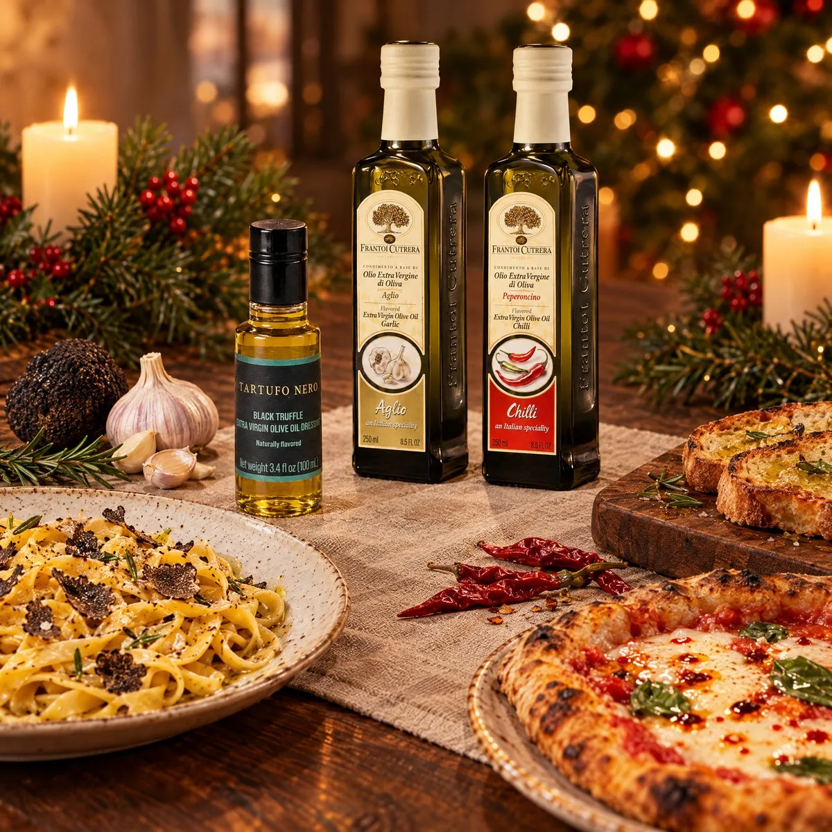 Kit 3 Azeites Italianos Aromatizados: Trufa Negra, Alho e Pimenta